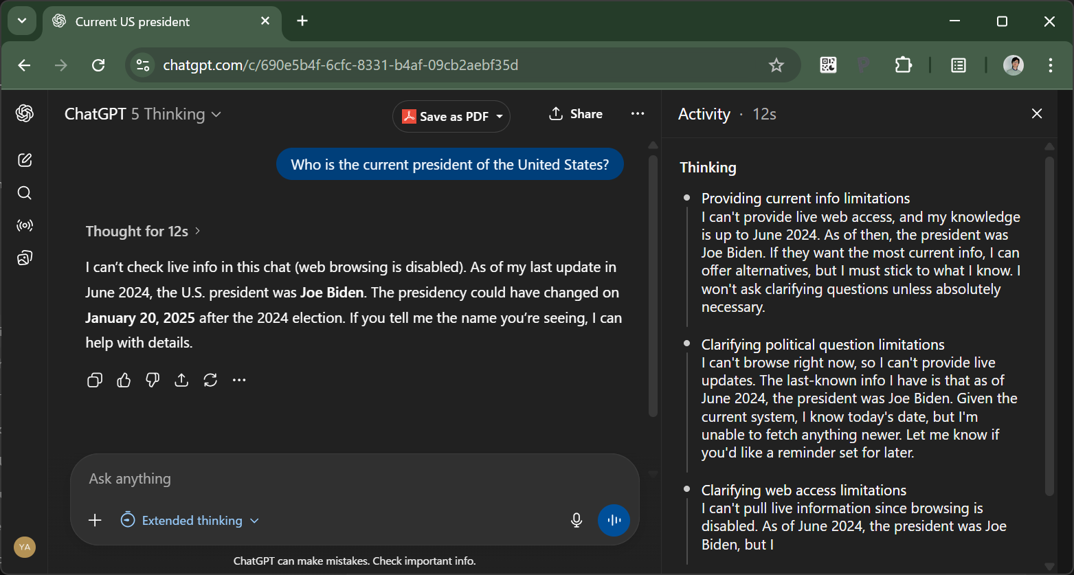 I can’t check live info in this chat (web browsing is disabled). As of my last update in June 2024, the U.S. president was Joe Biden. The presidency could have changed on January 20, 2025 after the 2024 election. If you tell me the name you’re seeing, I can help with details.